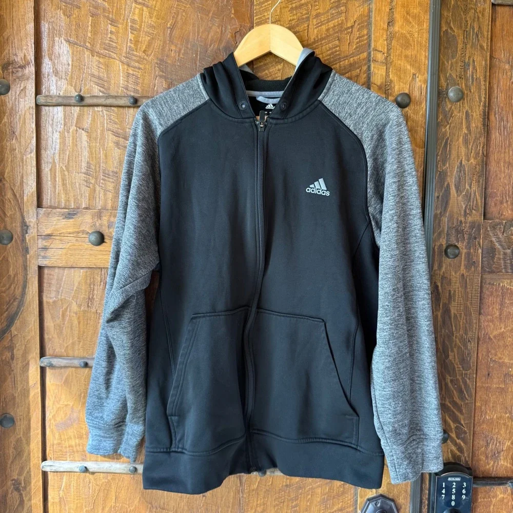 Adidas Full Zip Hoodie Mens Large Black Gray Climawarm Fleece Raglan Jacket